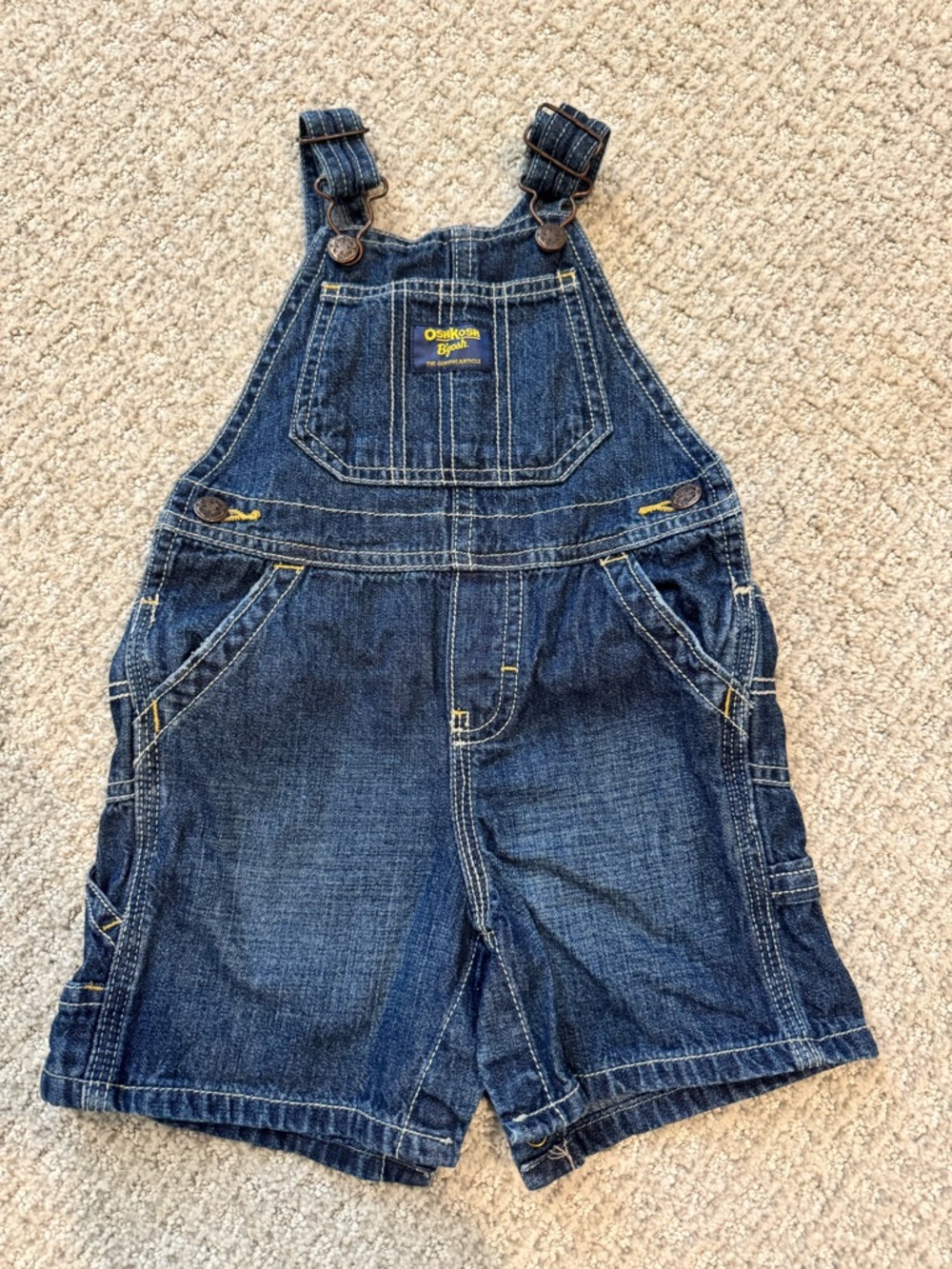 OshKosh B'gosh Blue Denim Shortalls with Yellow Stitching